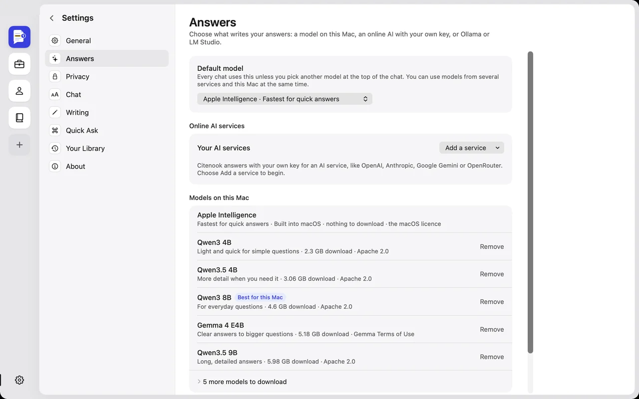 Citenook's settings for answers: a default model, online AI services and models on this Mac.