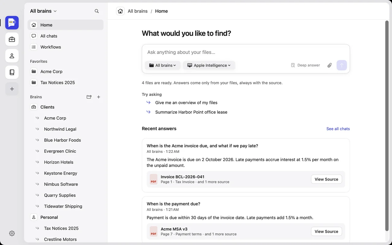 Citenook's home: an ask bar, brains for each client in the sidebar, and recent answers with their sources.